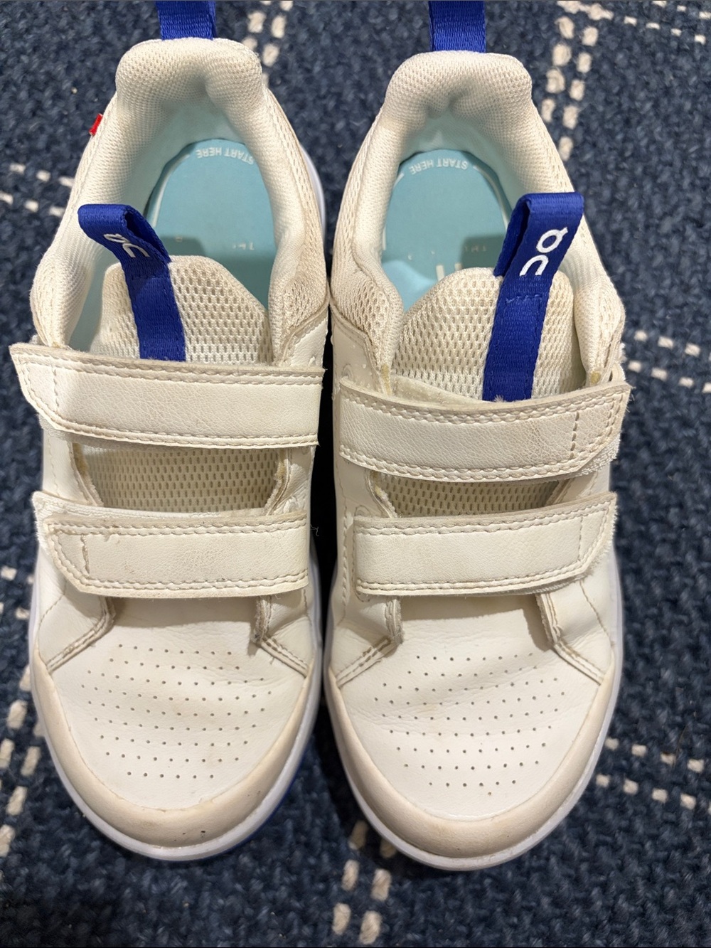 On Running Kids White Velcro Sneakers with Blue Pull Tabs